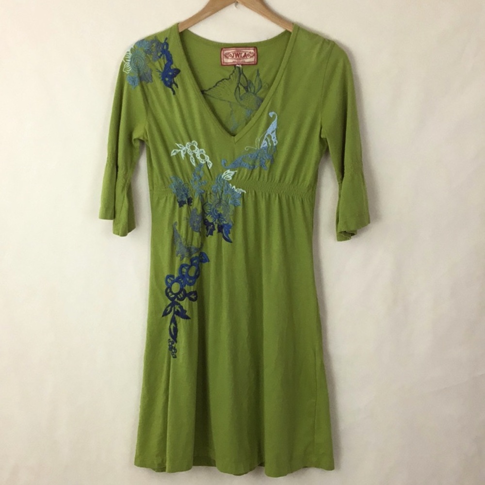 JOHNNY WAS Green Cotton V-Neck Embroidered Dress